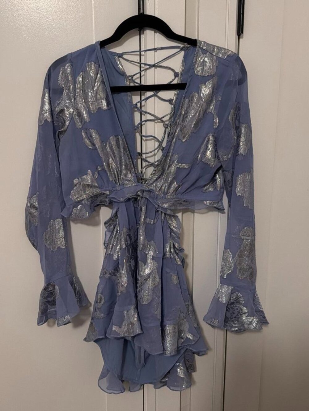 ASOS blue & silver metallic print mini dress with tie front